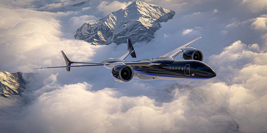 Fly me to you Futuristic airplane above cloud-covered mountain peaks